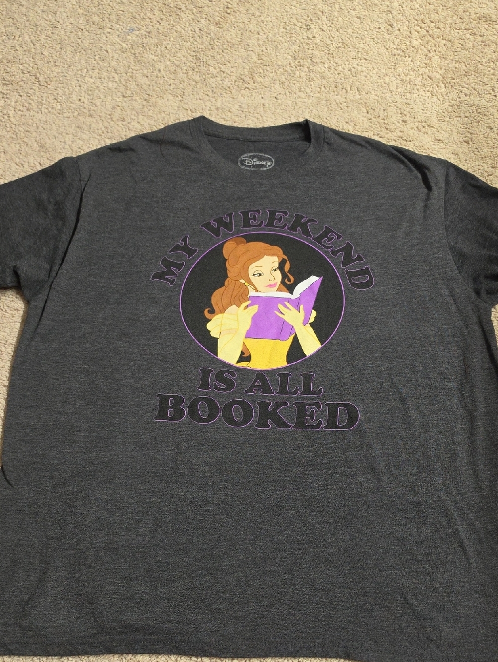 Disney Charcoal Tee with Belle Reading Graphic in Purple and Yellow 2XL